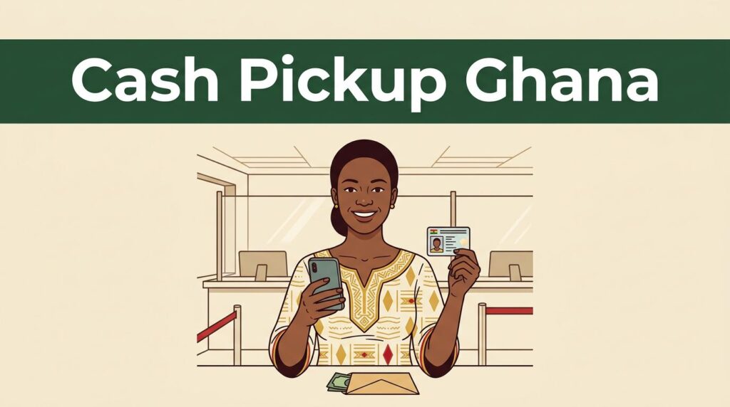 A smiling woman at a bank counter holds her smartphone, photo ID, and a cash envelope.