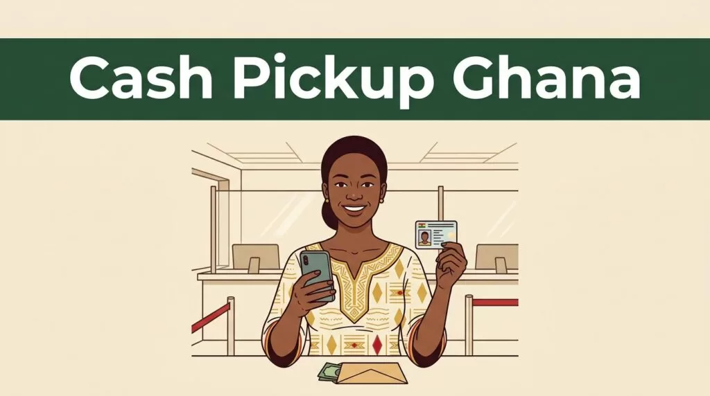 A smiling woman at a bank counter holds her smartphone, photo ID, and a cash envelope.