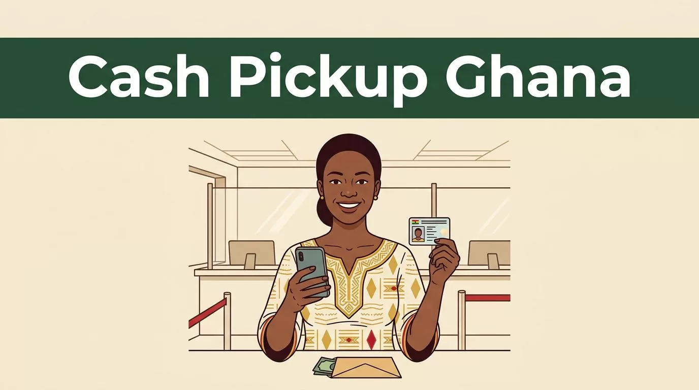 A smiling woman at a bank counter holds her smartphone, photo ID, and a cash envelope.