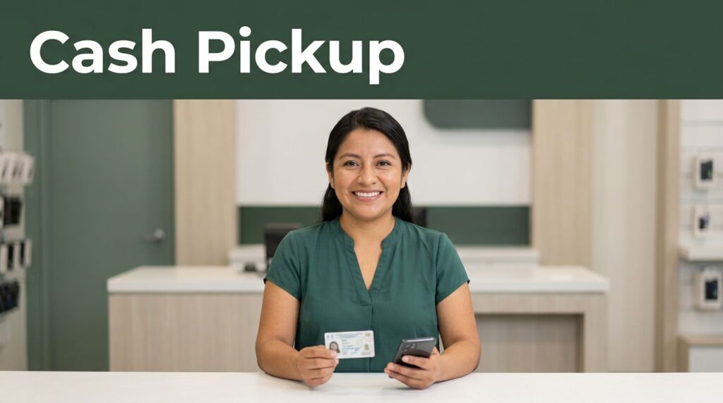 A smiling woman holding her ID and phone at a cash pickup counter.