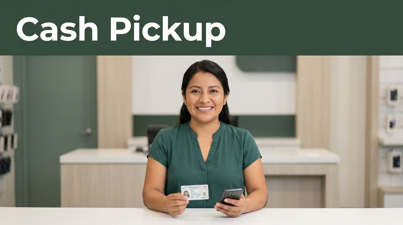 A smiling woman holding her ID and phone at a cash pickup counter.