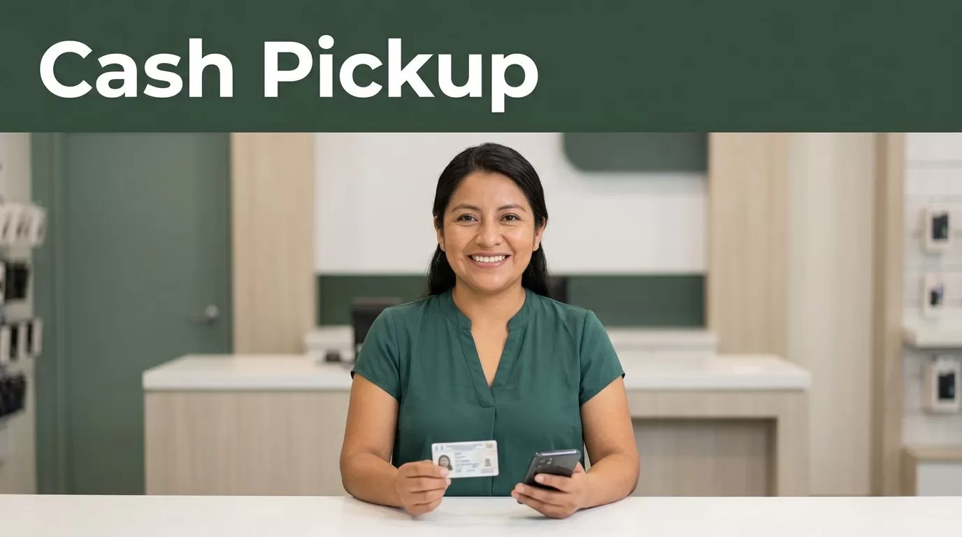 A smiling woman holding her ID and phone at a cash pickup counter.