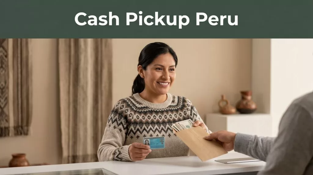 A smiling woman collects cash at a counter in Peru.