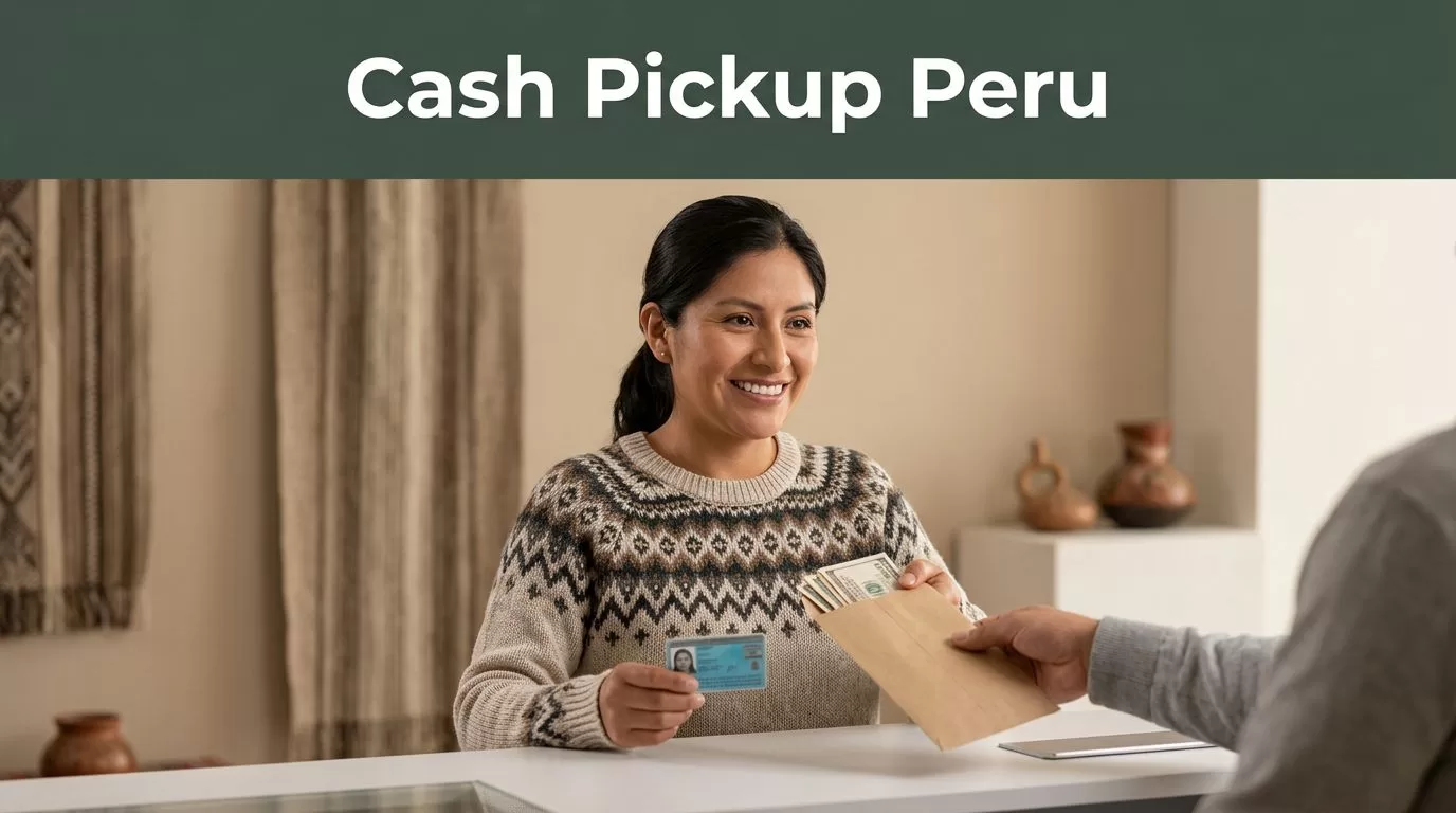A smiling woman collects cash at a counter in Peru.