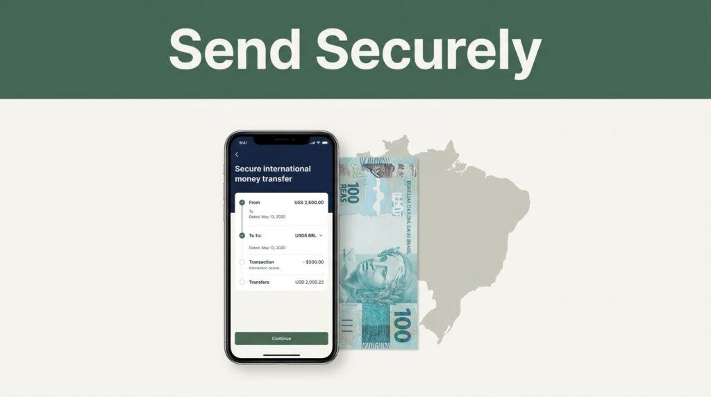 A smartphone showing a money transfer app next to a Brazilian banknote.