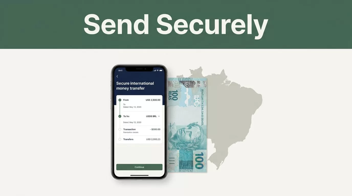 A smartphone showing a money transfer app next to a Brazilian banknote.