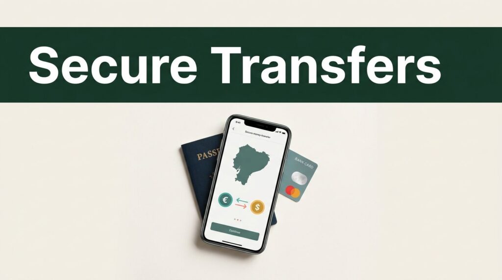 A smartphone displaying a secure transfer app next to a passport and bank card.