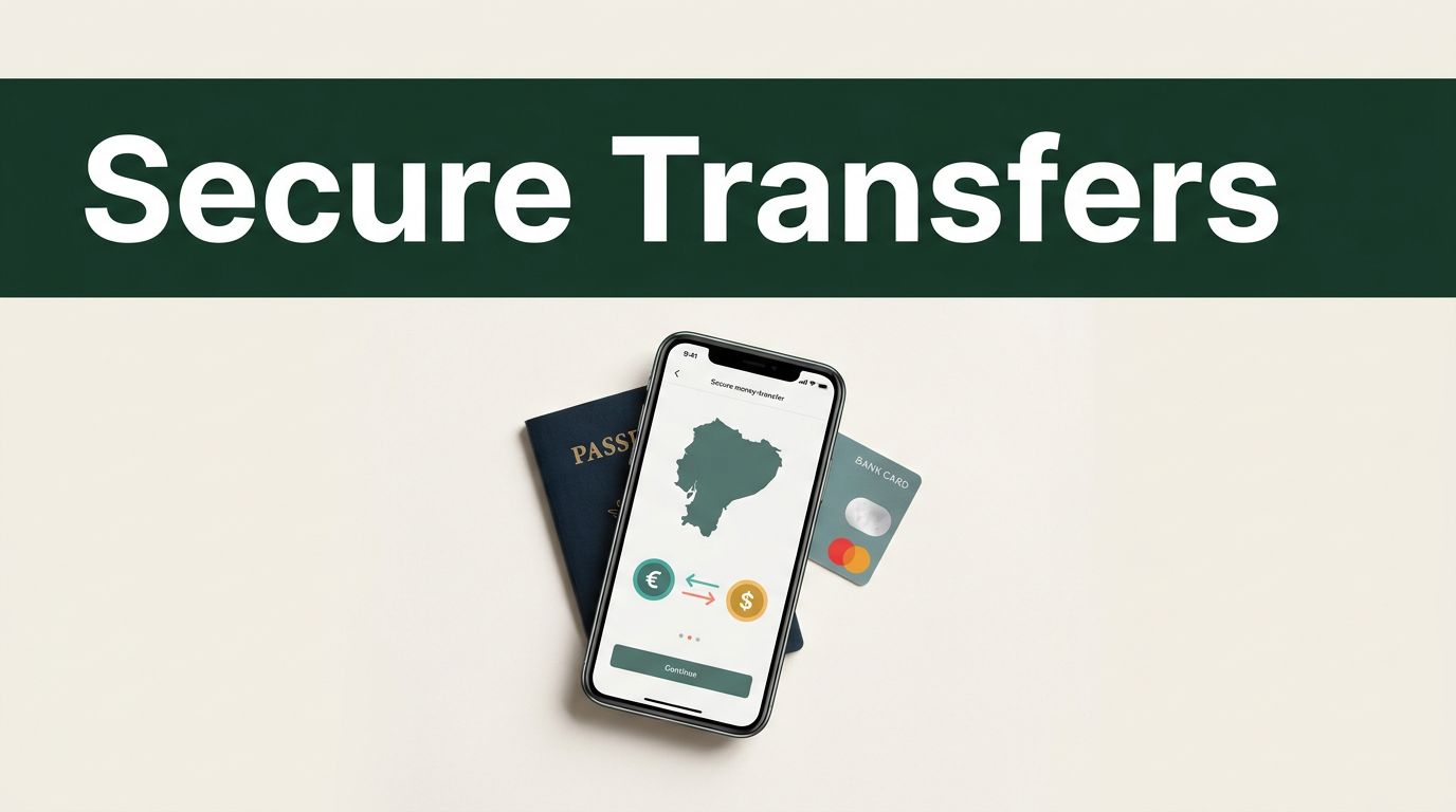 A smartphone displaying a secure transfer app next to a passport and bank card.