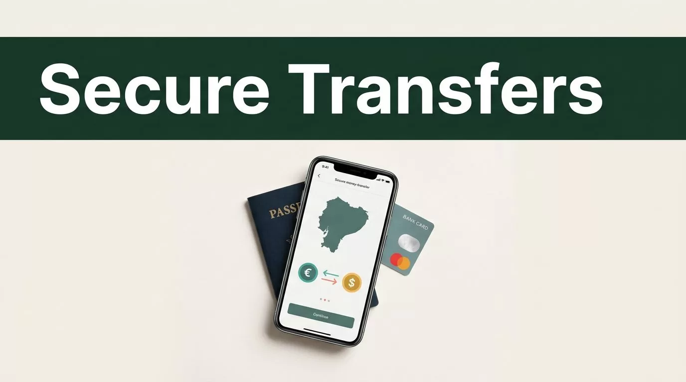 A smartphone displaying a secure transfer app next to a passport and bank card.
