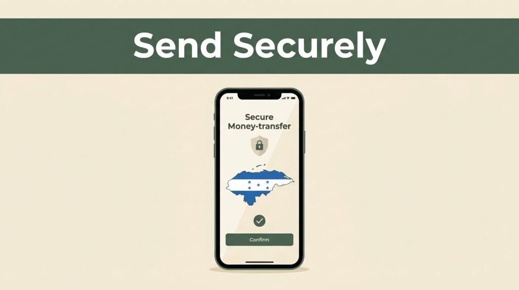 A smartphone showing a secure transfer confirmation and Honduras map against a cream background.