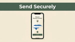 A smartphone showing a secure transfer confirmation and Honduras map against a cream background.