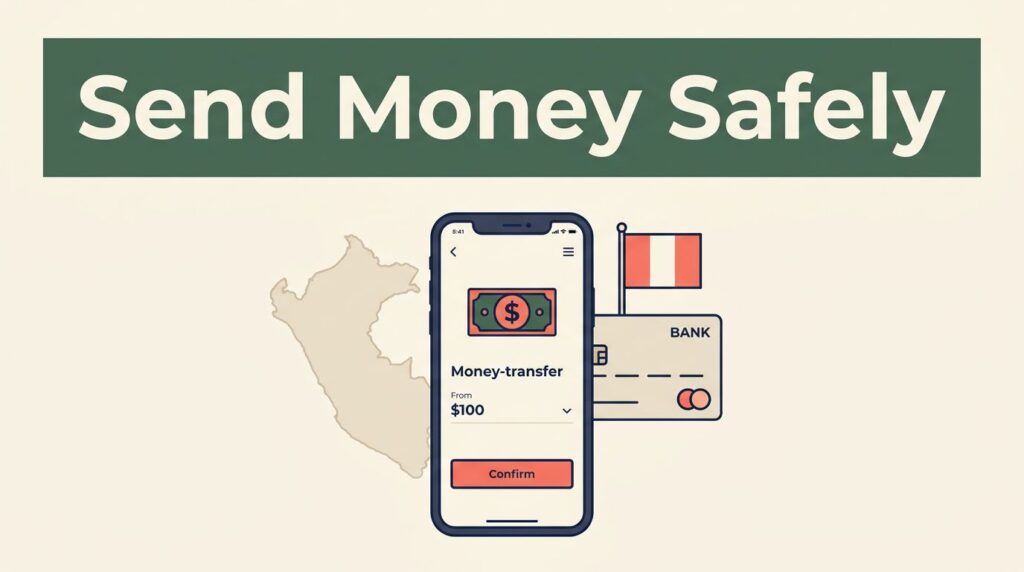 A smartphone showing a secure transfer app next to a Peru map and bank card.
