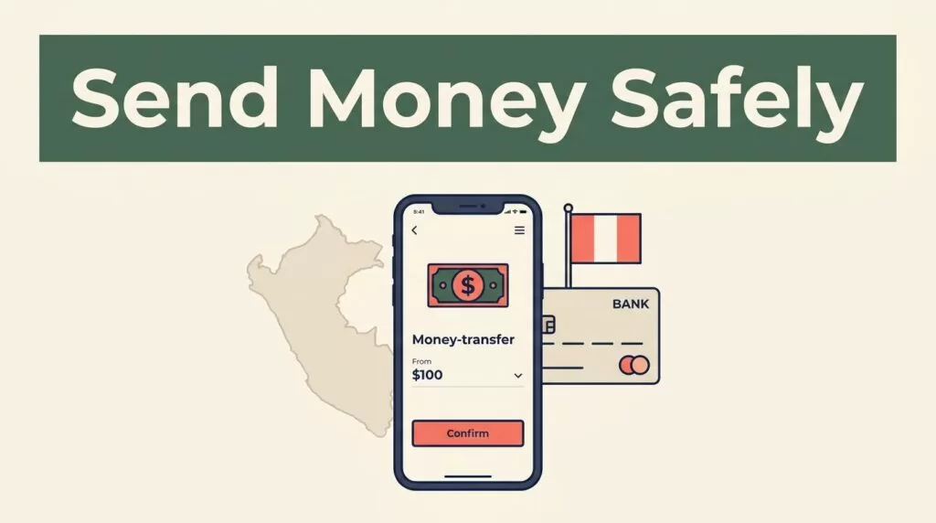A smartphone showing a secure transfer app next to a Peru map and bank card.