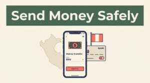 A smartphone showing a secure transfer app next to a Peru map and bank card.