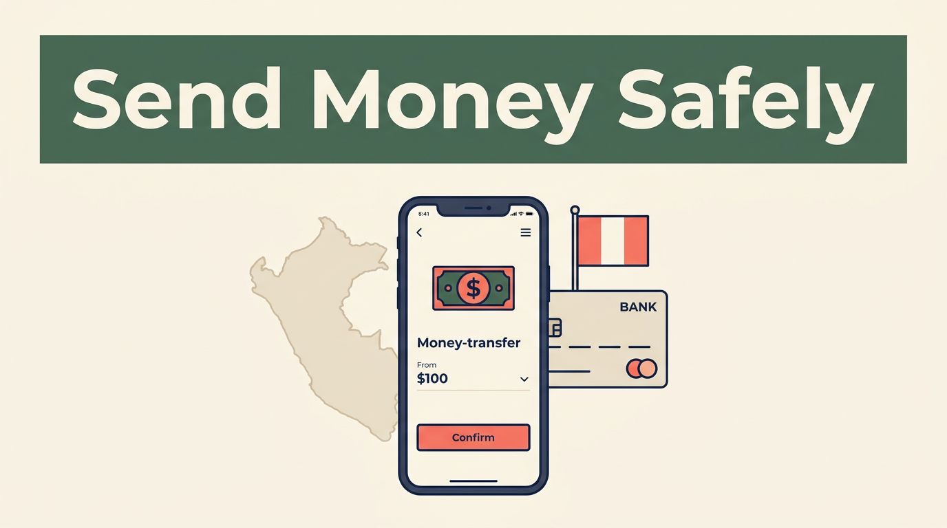 A smartphone showing a secure transfer app next to a Peru map and bank card.