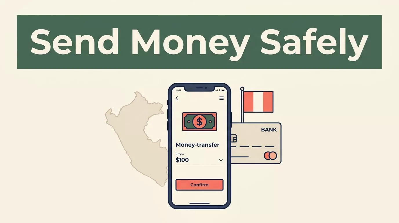 A smartphone showing a secure transfer app next to a Peru map and bank card.