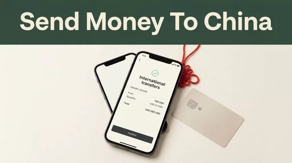 A smartphone showing a transfer confirmation next to a bank card and Chinese knot.