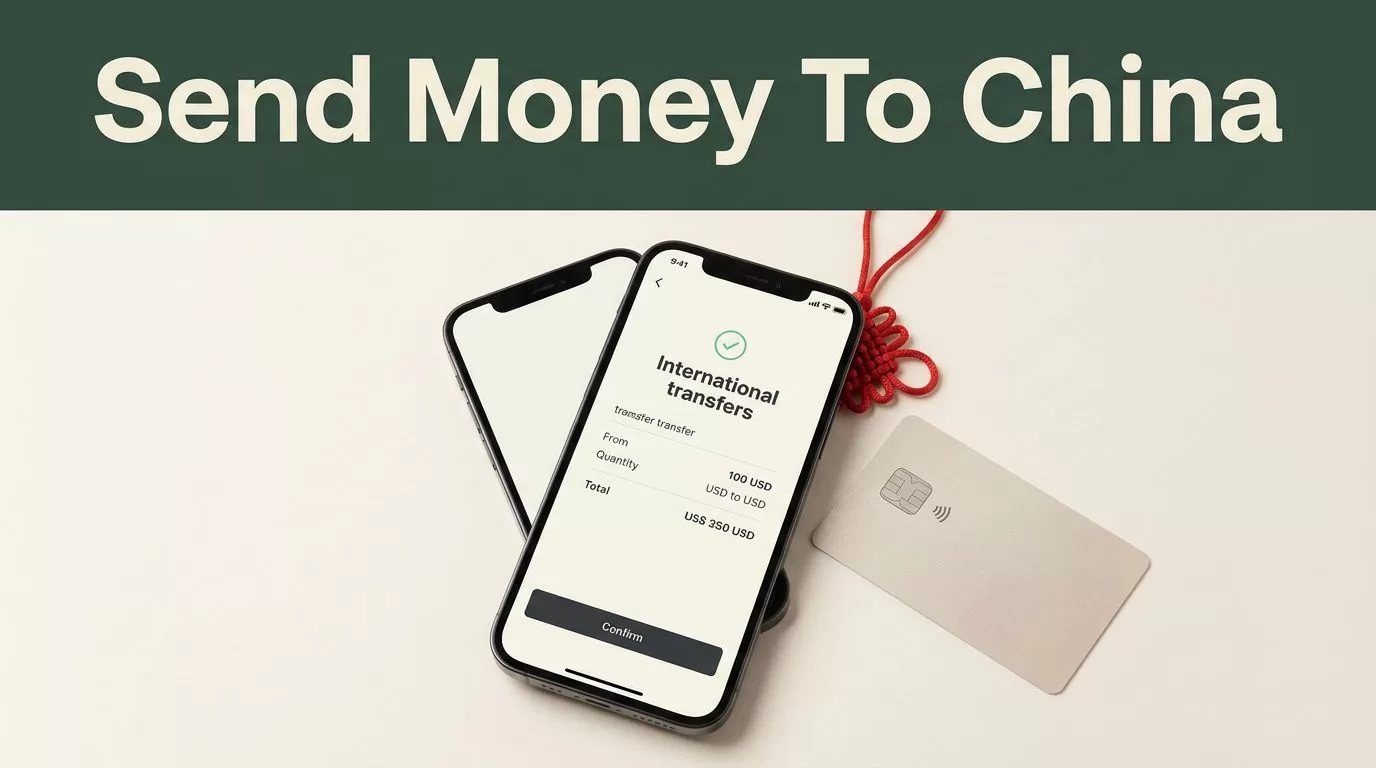 A smartphone showing a transfer confirmation next to a bank card and Chinese knot.
