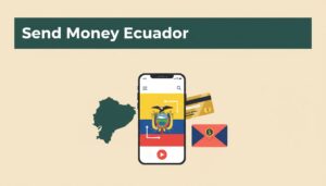 A smartphone showing an international transfer app next to a bank card and envelope.