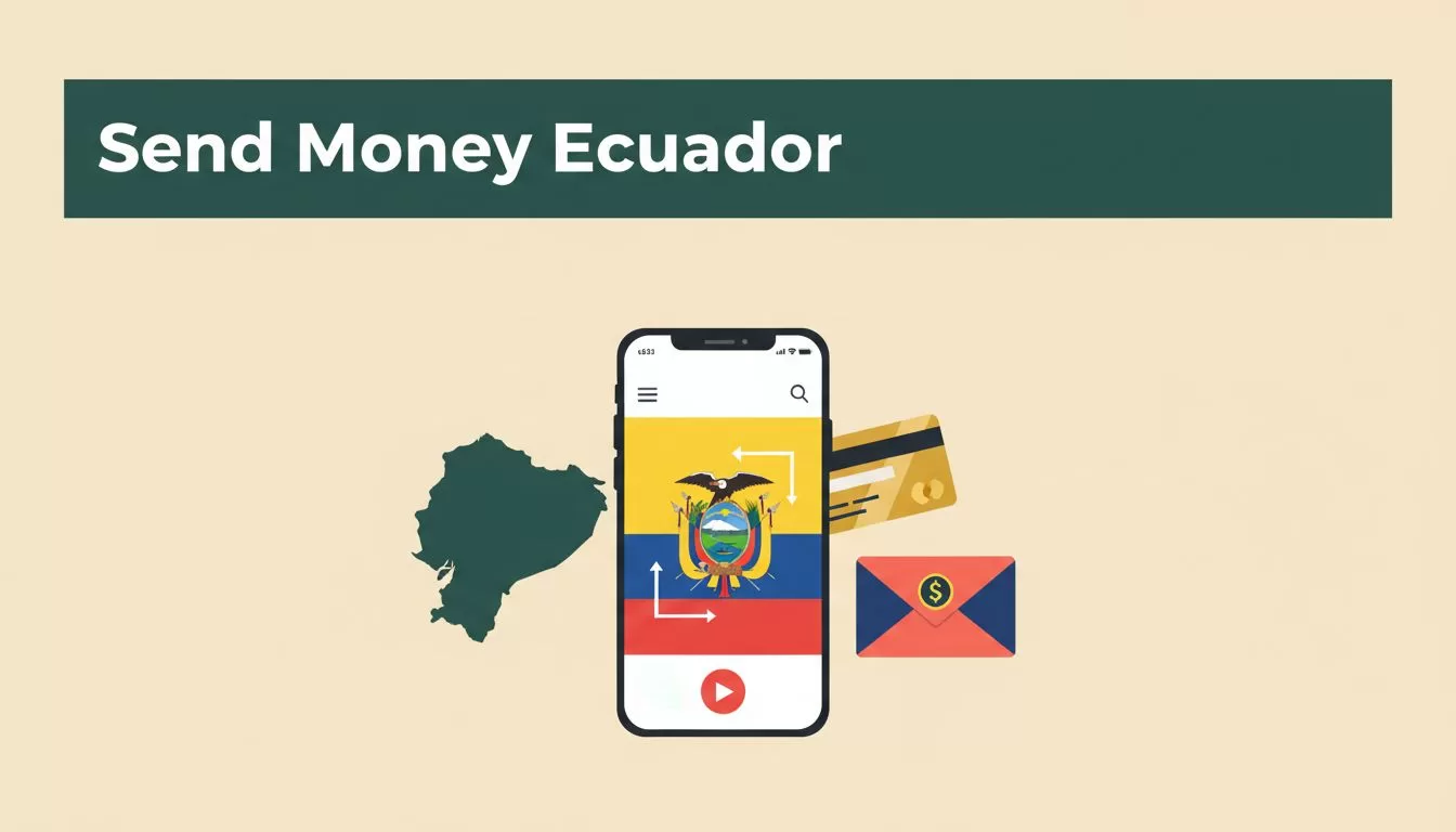 A smartphone showing an international transfer app next to a bank card and envelope.
