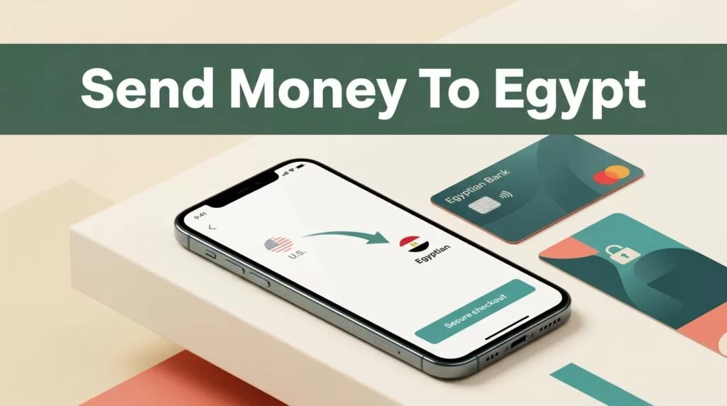 A smartphone showing a money transfer app next to a bank card on a desk.