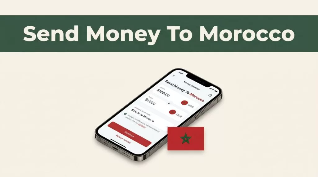 A smartphone showing a money transfer app on a warm background with Moroccan design elements.