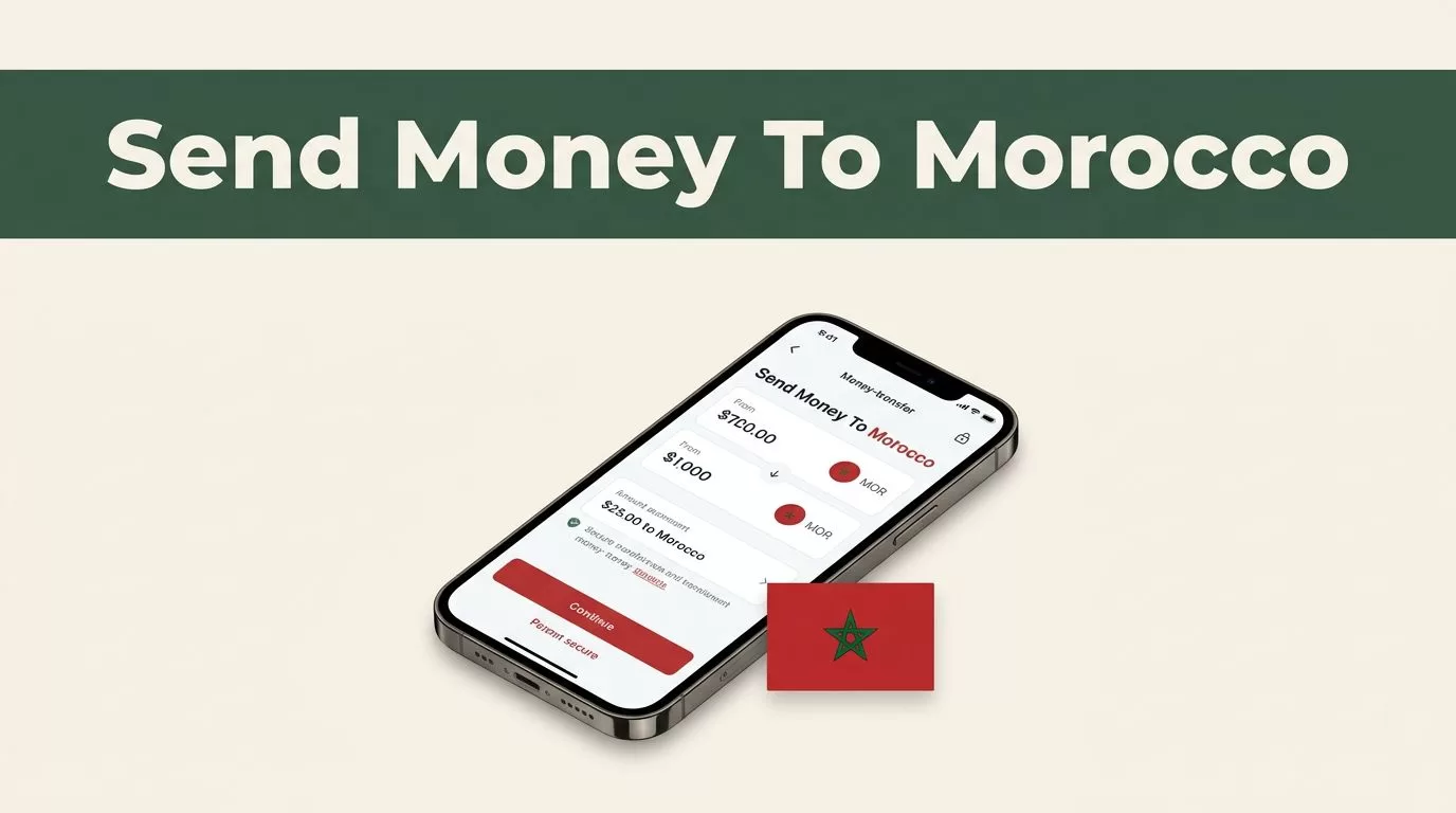 A smartphone showing a money transfer app on a warm background with Moroccan design elements.