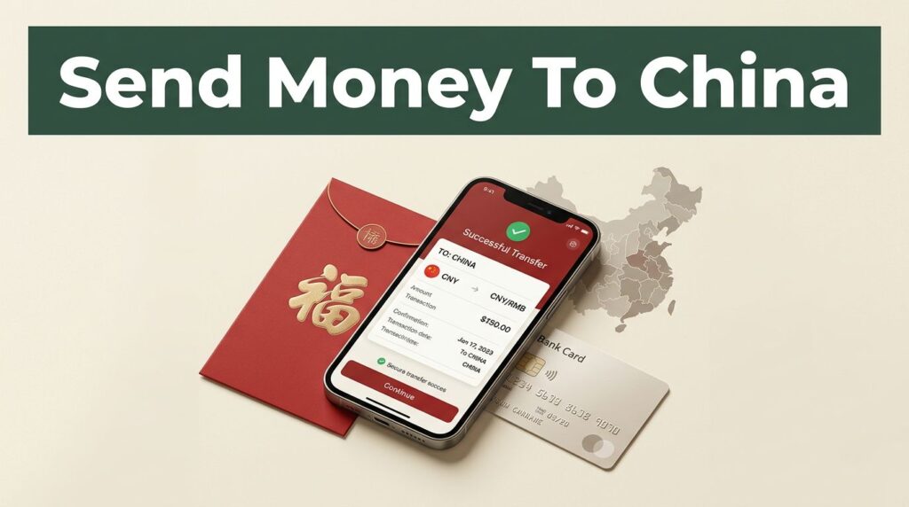 A smartphone showing a secure money transfer app beside a bank card and red envelope.