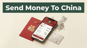 A smartphone showing a secure money transfer app beside a bank card and red envelope.