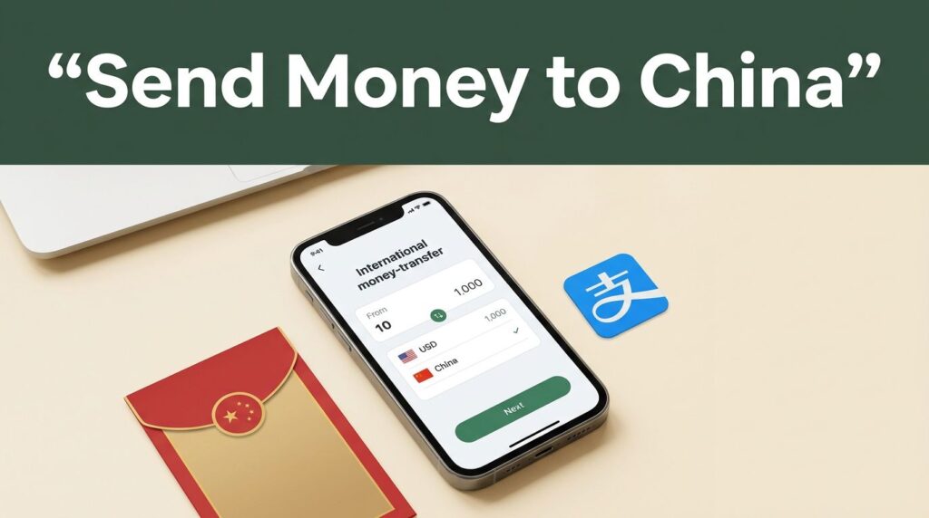 Smartphone showing a money transfer app beside a Chinese envelope and payment symbol.