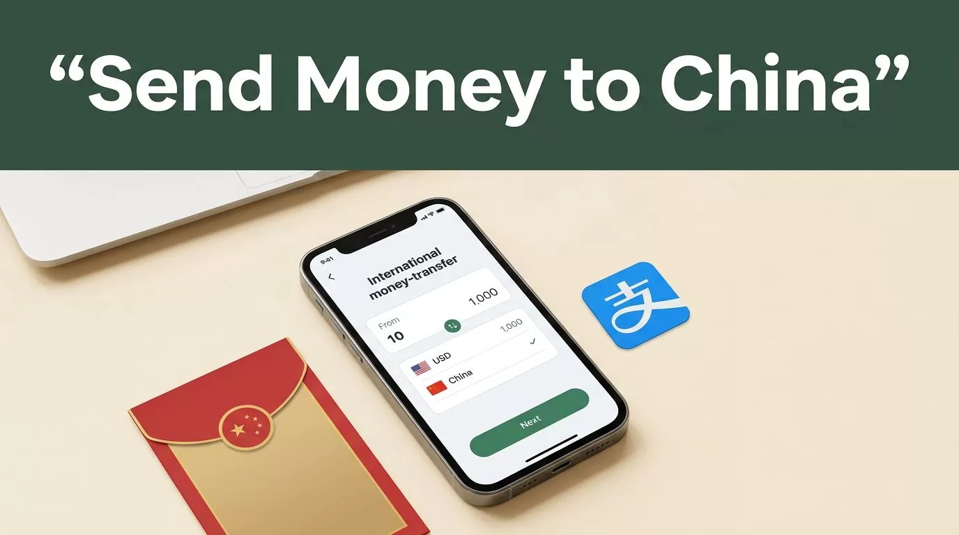 Smartphone showing a money transfer app beside a Chinese envelope and payment symbol.