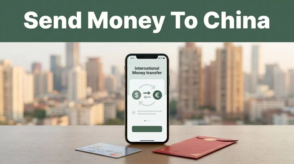 A smartphone displaying a money transfer app lies on a desk beside a debit card and red envelope.