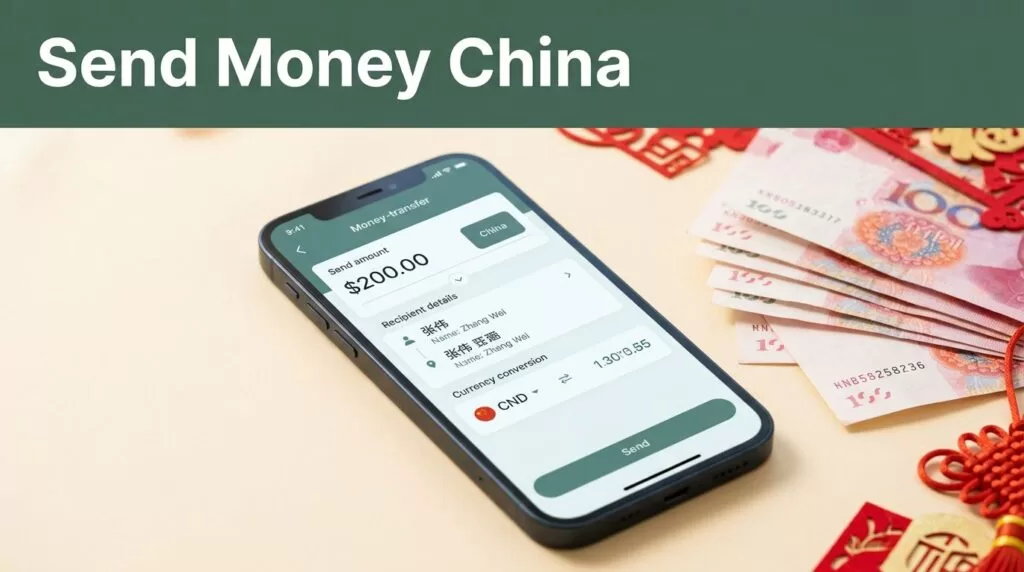 Smartphone with a money transfer screen beside Chinese yuan banknotes and a red-and-gold accent.