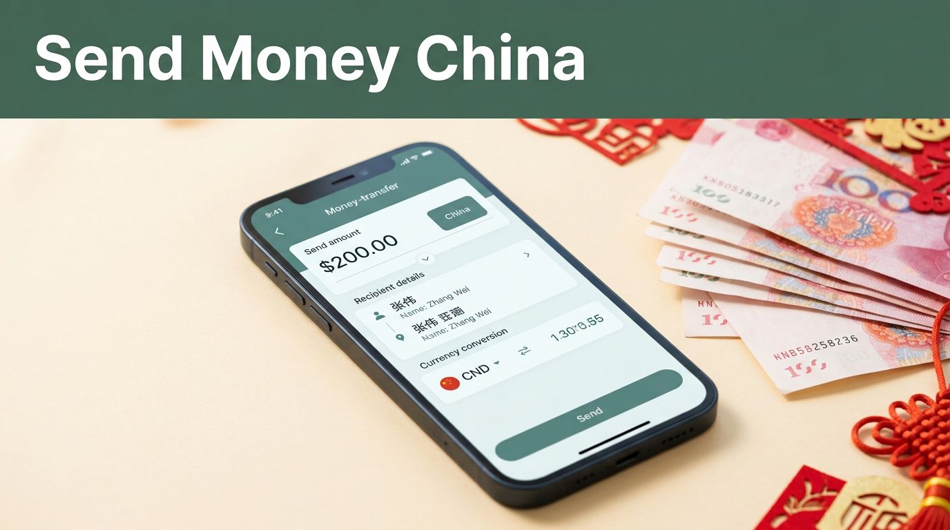 Smartphone with a money transfer screen beside Chinese yuan banknotes and a red-and-gold accent.