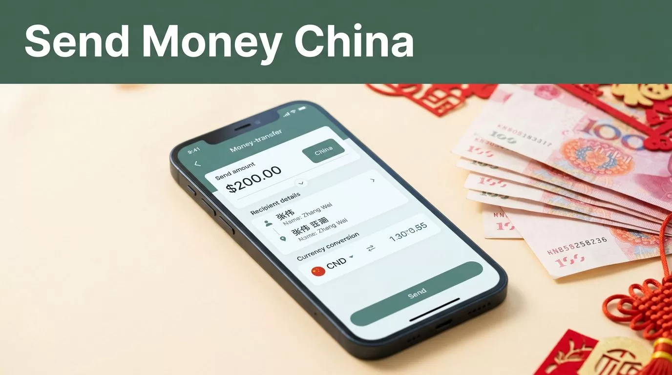 Smartphone with a money transfer screen beside Chinese yuan banknotes and a red-and-gold accent.
