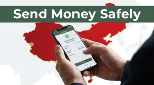Hands confirm a money transfer on a smartphone beside an abstract China map.