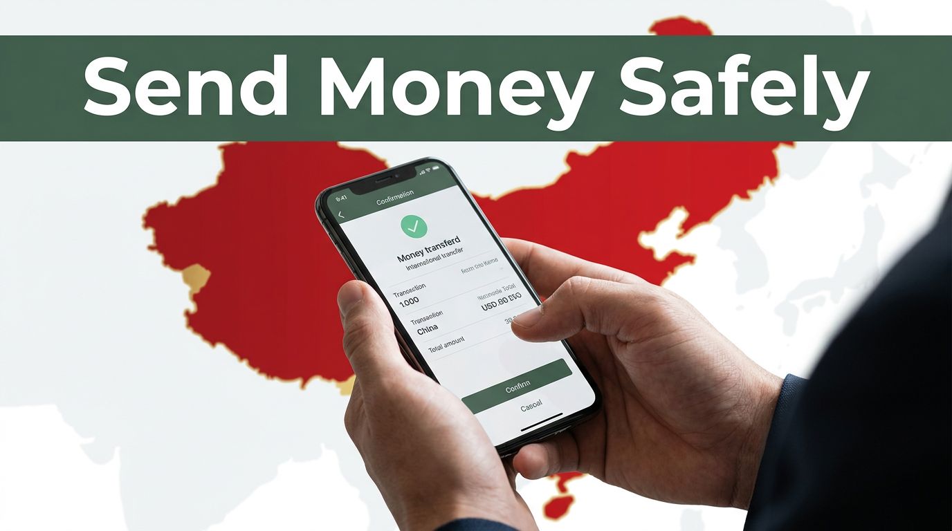 Hands confirm a money transfer on a smartphone beside an abstract China map.