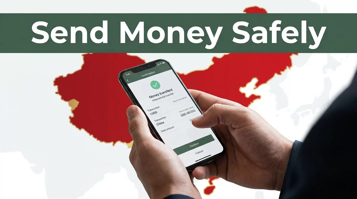 Hands confirm a money transfer on a smartphone beside an abstract China map.