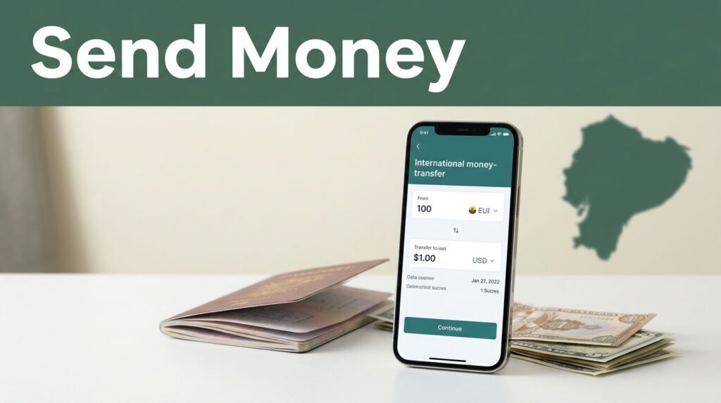 A smartphone with a transfer app, passport, and Ecuadorian money on a desk.