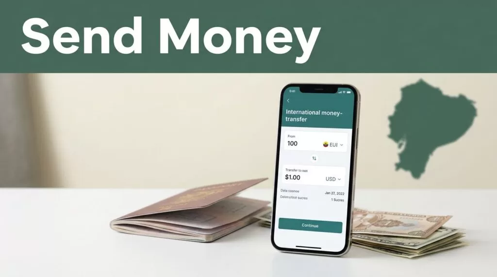 A smartphone with a transfer app, passport, and Ecuadorian money on a desk.