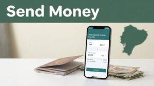 A smartphone with a transfer app, passport, and Ecuadorian money on a desk.