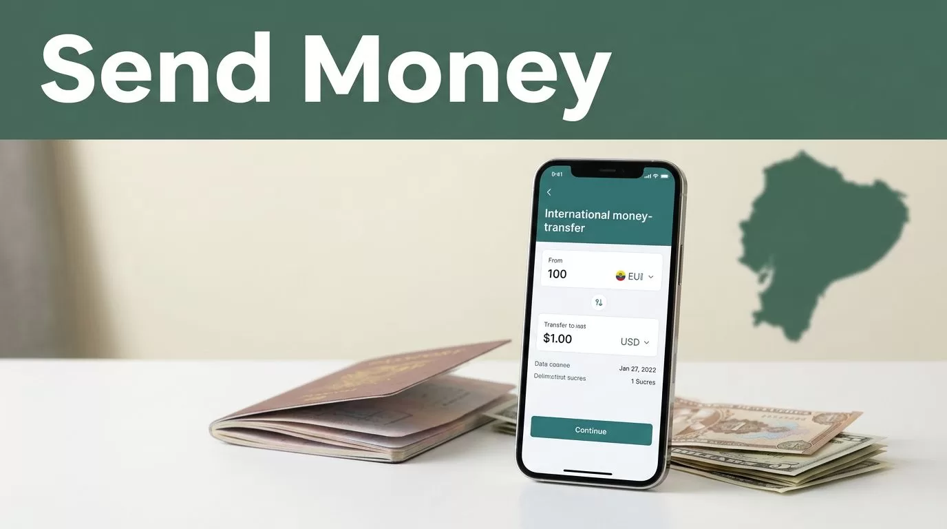 A smartphone with a transfer app, passport, and Ecuadorian money on a desk.