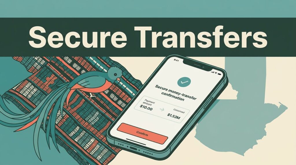 A smartphone showing a secure transfer confirmation next to a woven textile and map.