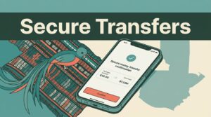 A smartphone showing a secure transfer confirmation next to a woven textile and map.