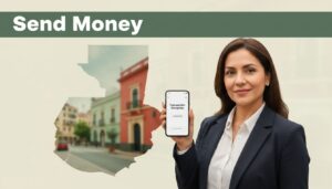 A smiling woman holding a smartphone showing a money transfer confirmation screen against a blurred urban background.