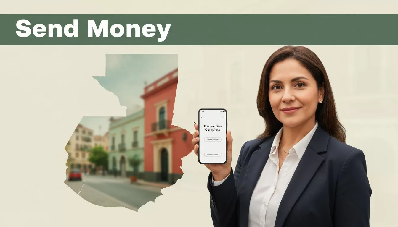 A smiling woman holding a smartphone showing a money transfer confirmation screen against a blurred urban background.