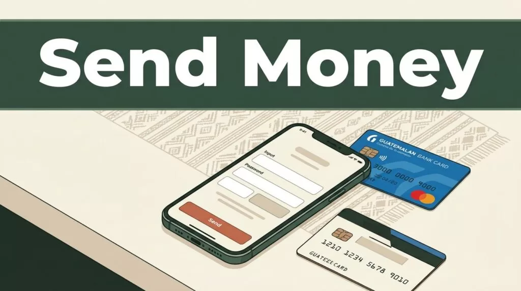 A smartphone with a money transfer app and a bank card on a neutral desk.