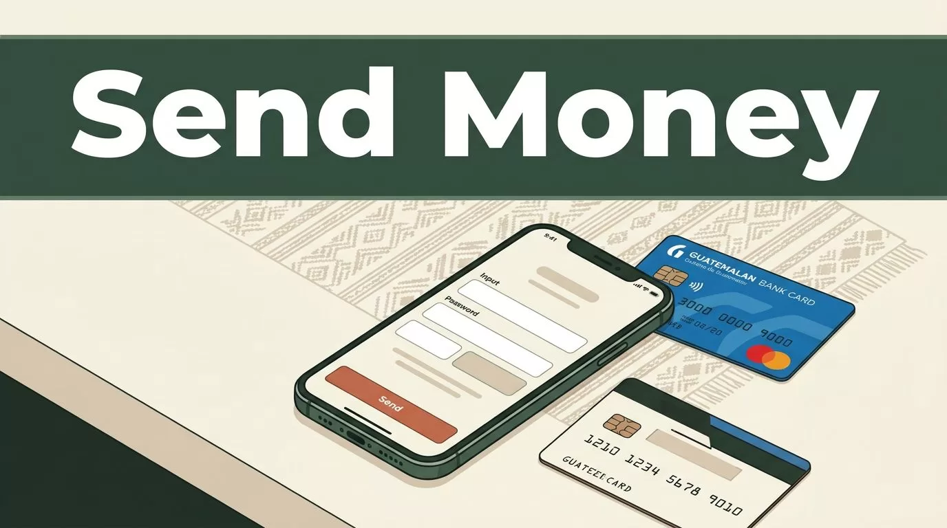 A smartphone with a money transfer app and a bank card on a neutral desk.