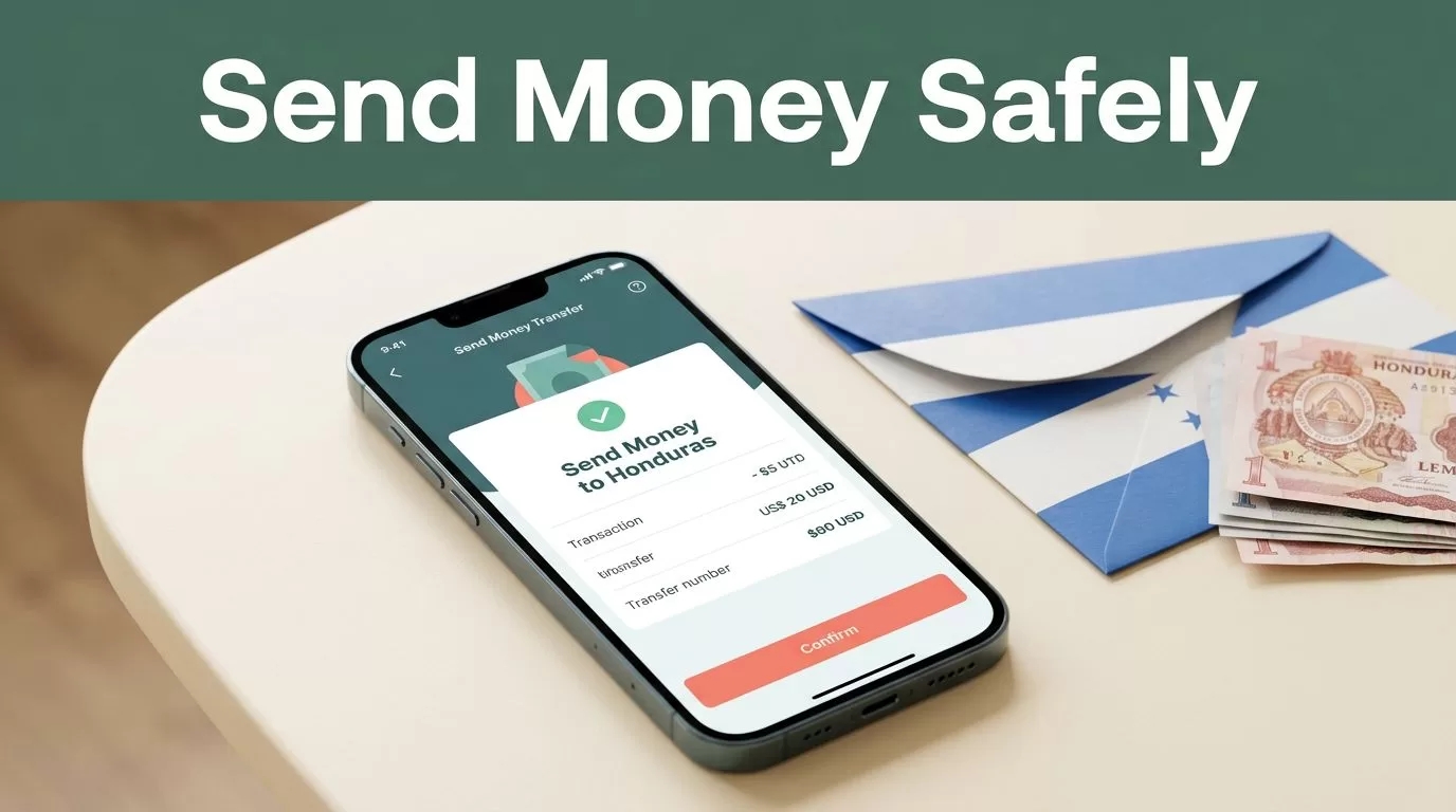 A smartphone showing a secure money transfer confirmation on a cream tabletop.