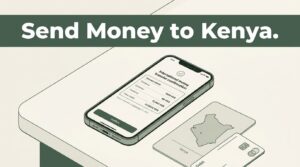 A smartphone displaying a money transfer confirmation with a debit card and Kenya map card on a desk.